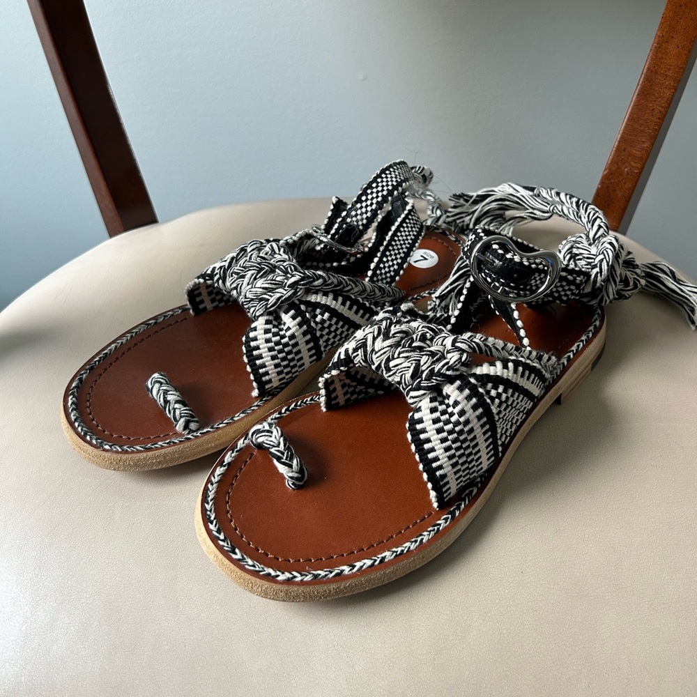 Amambaih black and white leather and woven tie strap sandals - size 7